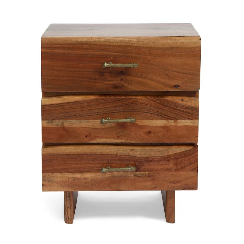 Comodino artigianale in legno di acacia boho con 3 cassetti