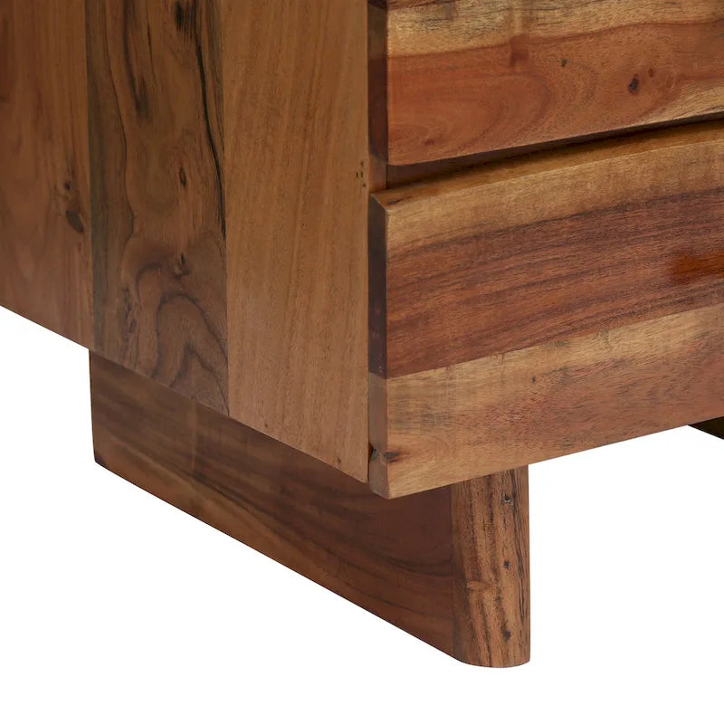 Comodino artigianale in legno di acacia boho con 3 cassetti