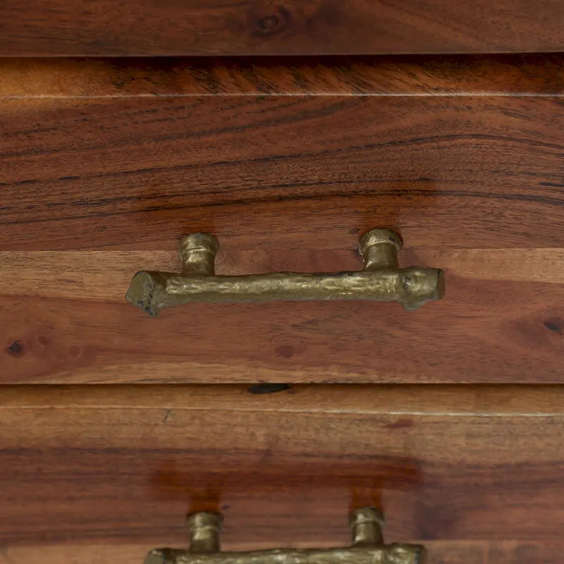 Comodino artigianale in legno di acacia boho con 3 cassetti
