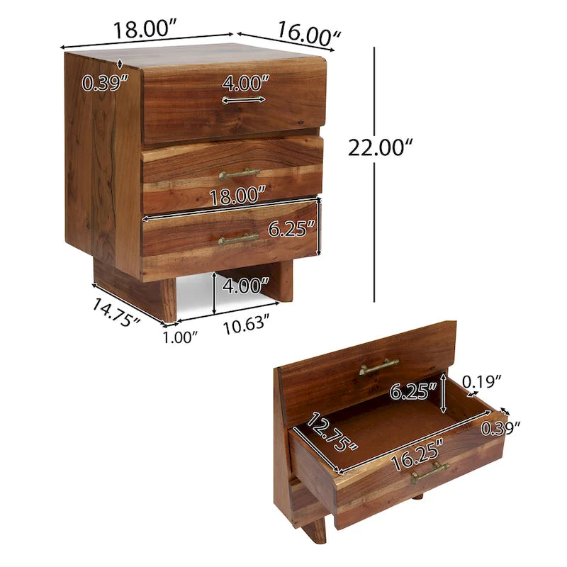 Table de chevet artisanale bohème en bois d’acacia à 3 tiroirs