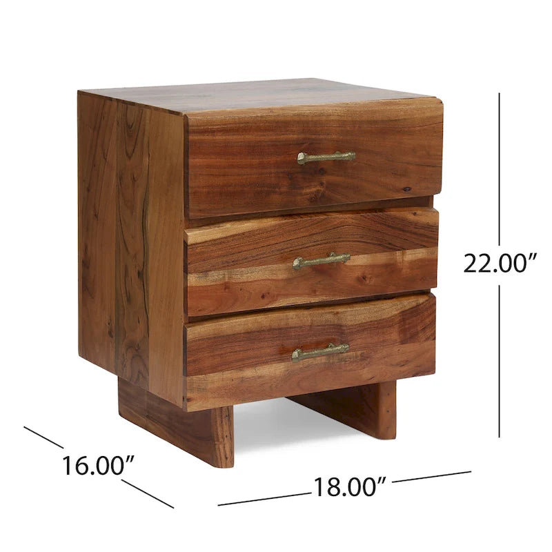 Comodino artigianale in legno di acacia boho con 3 cassetti