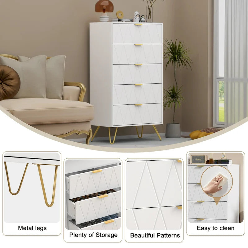 Comodino/Comò a 5 cassetti bianco/nero, stile scandinavo, torre contenitore monoposto