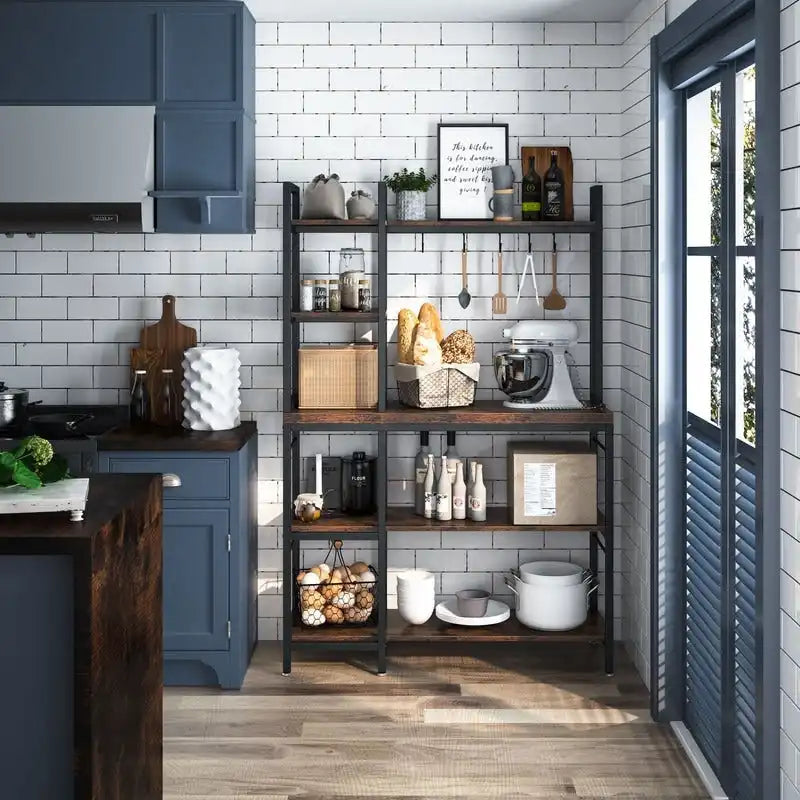 Scaffale da Forno Rustico Marrone a 4 Ripiani con 5 Ganci a S, Montaggio per 1 Persona