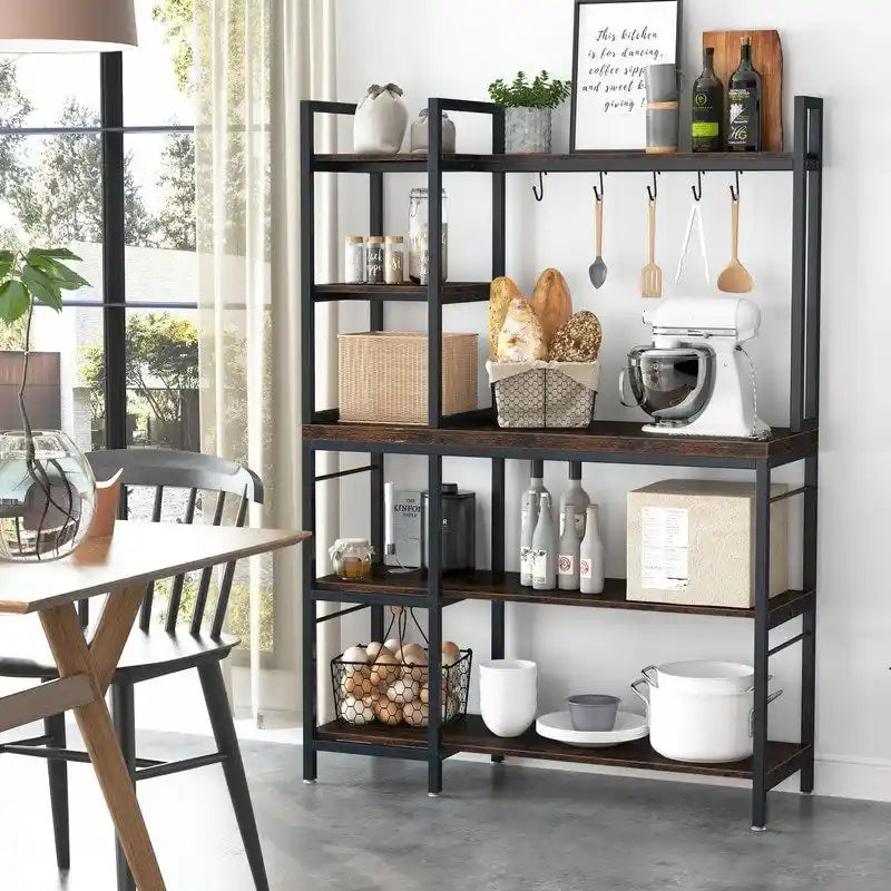 Scaffale da Forno Rustico Marrone a 4 Ripiani con 5 Ganci a S, Montaggio per 1 Persona