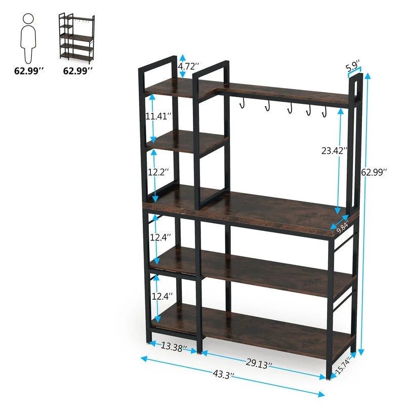 Scaffale da Forno Rustico Marrone a 4 Ripiani con 5 Ganci a S, Montaggio per 1 Persona