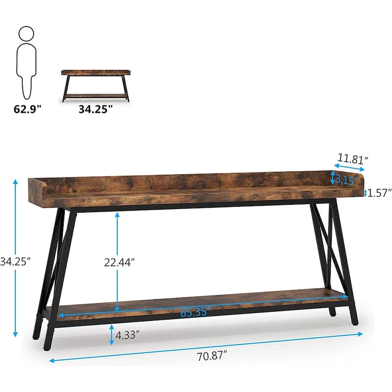 Table console longue et étroite de 70.9 pouces derrière un canapé, table d'entrée marron rustique