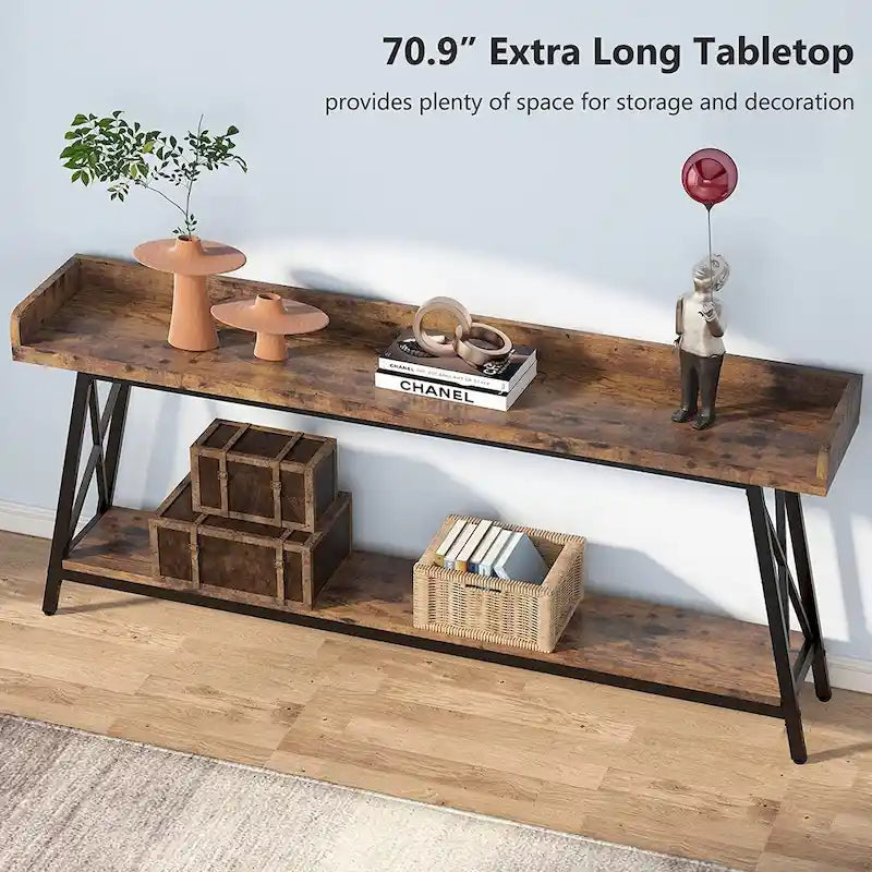 Table console longue et étroite de 70.9 pouces derrière un canapé, table d'entrée marron rustique