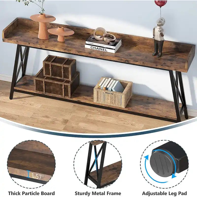 Table console longue et étroite de 70.9 pouces derrière un canapé, table d'entrée marron rustique