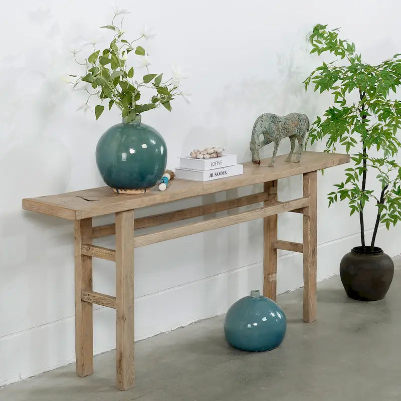 Tavolino Consolle Rettangolare con Finitura in Legno Naturale, 1 Posto, Pannello Intagliato