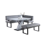 Set da pranzo in similpelle grigia, 3 pezzi, per 3 persone (tavolo, angolo e panca)