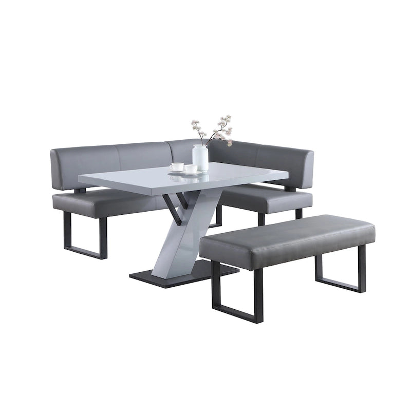 Set da pranzo in similpelle grigia, 3 pezzi, per 3 persone (tavolo, angolo e panca)