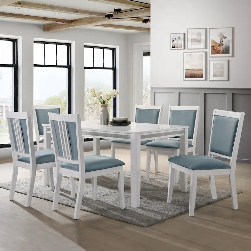 Set da pranzo 7 pezzi bianco e azzurro, 6 posti