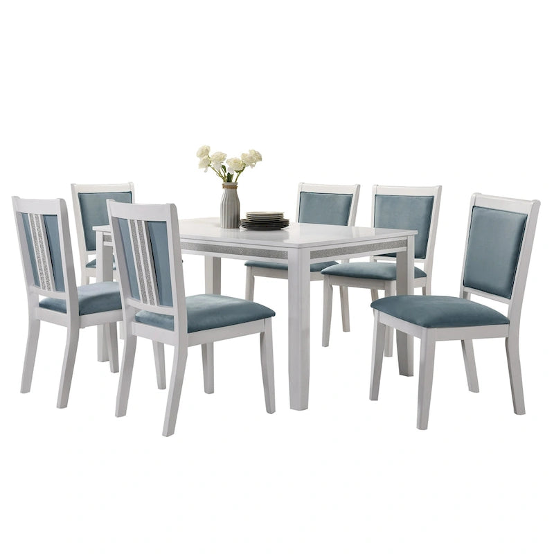 Set da pranzo 7 pezzi bianco e azzurro, 6 posti