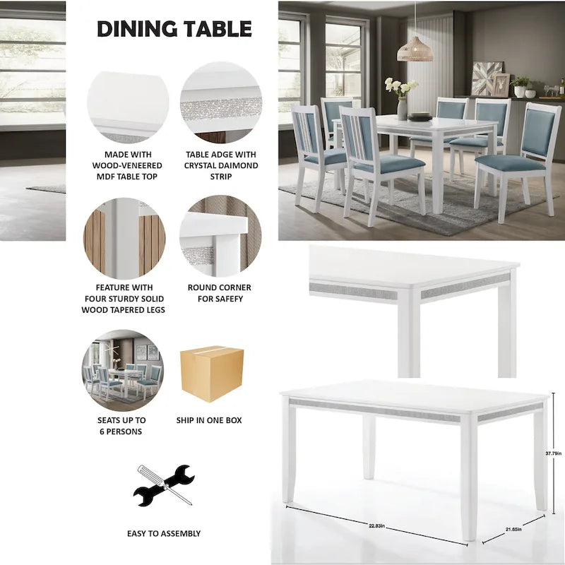 Set da pranzo 7 pezzi bianco e azzurro, 6 posti