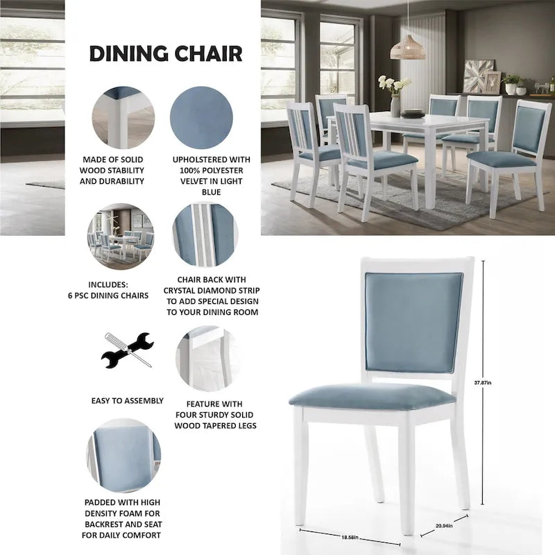 Set da pranzo 7 pezzi bianco e azzurro, 6 posti