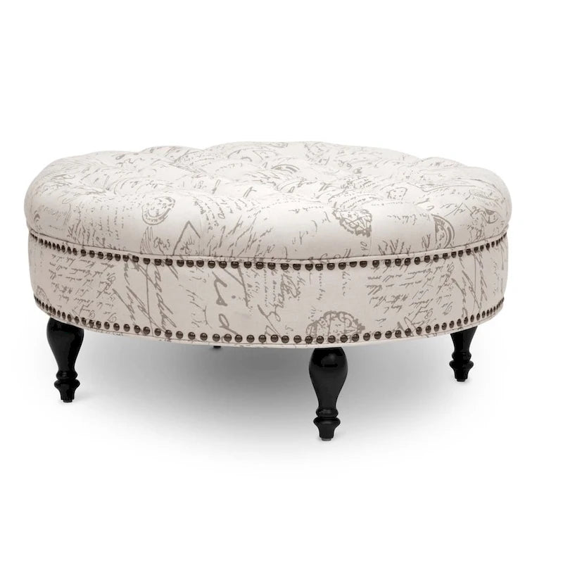 Pouf trapuntato in lino beige, stile francese, seduta singola