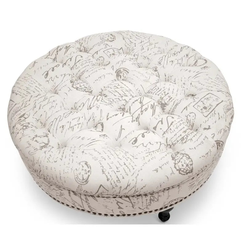 Pouf trapuntato in lino beige, stile francese, seduta singola