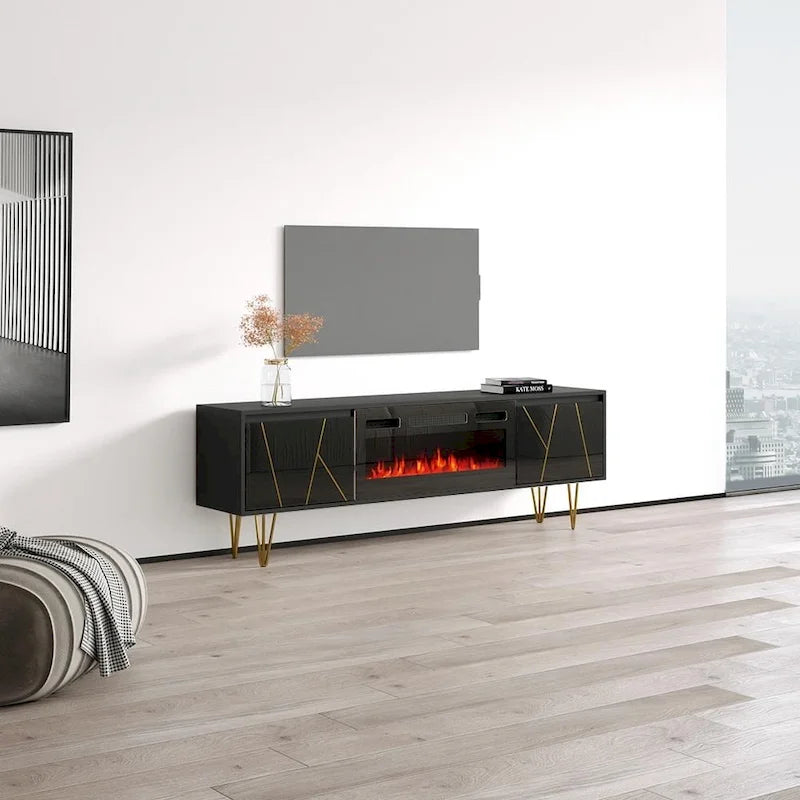Mobile TV con caminetto elettrico in Bianco/Nero, per TV fino a 80", per 1