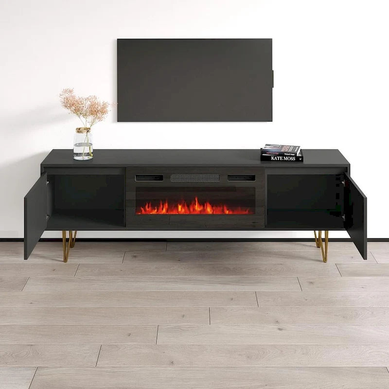 Mobile TV con caminetto elettrico in Bianco/Nero, per TV fino a 80", per 1