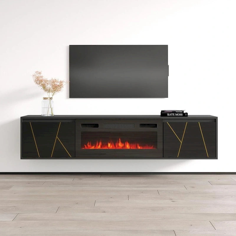 Mobile TV con caminetto elettrico in Bianco/Nero, per TV fino a 80", per 1