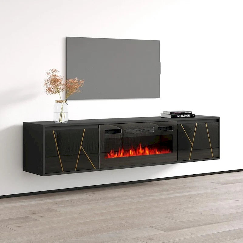 Mobile TV con caminetto elettrico in Bianco/Nero, per TV fino a 80", per 1