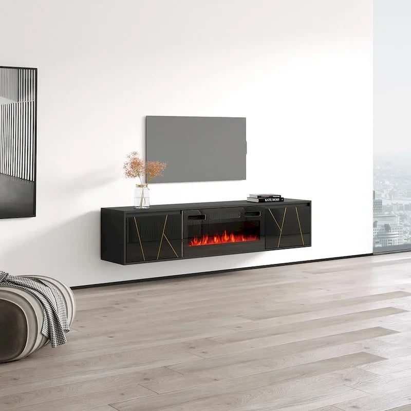 Mobile TV con caminetto elettrico in Bianco/Nero, per TV fino a 80", per 1