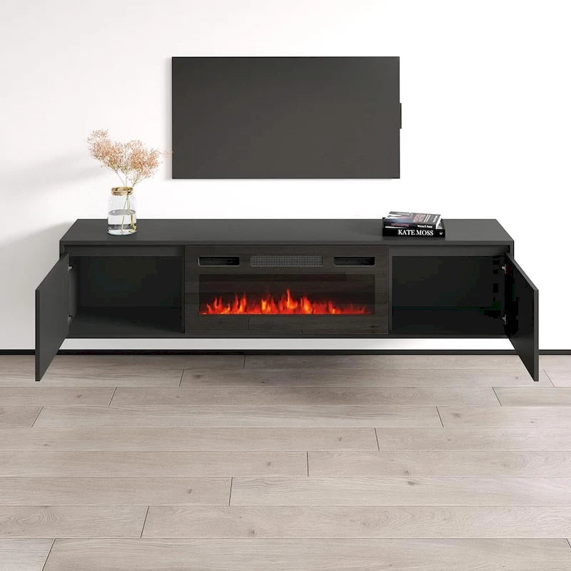 Mobile TV con caminetto elettrico in Bianco/Nero, per TV fino a 80", per 1