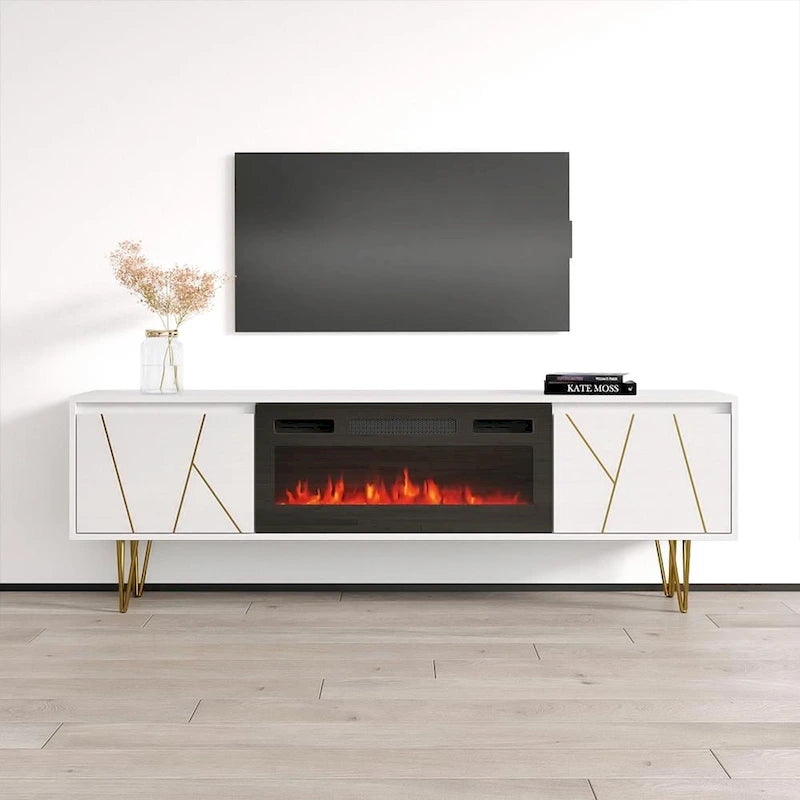 Mobile TV con caminetto elettrico in Bianco/Nero, per TV fino a 80", per 1