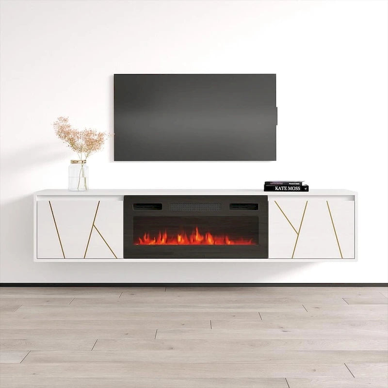 Mobile TV con caminetto elettrico in Bianco/Nero, per TV fino a 80", per 1
