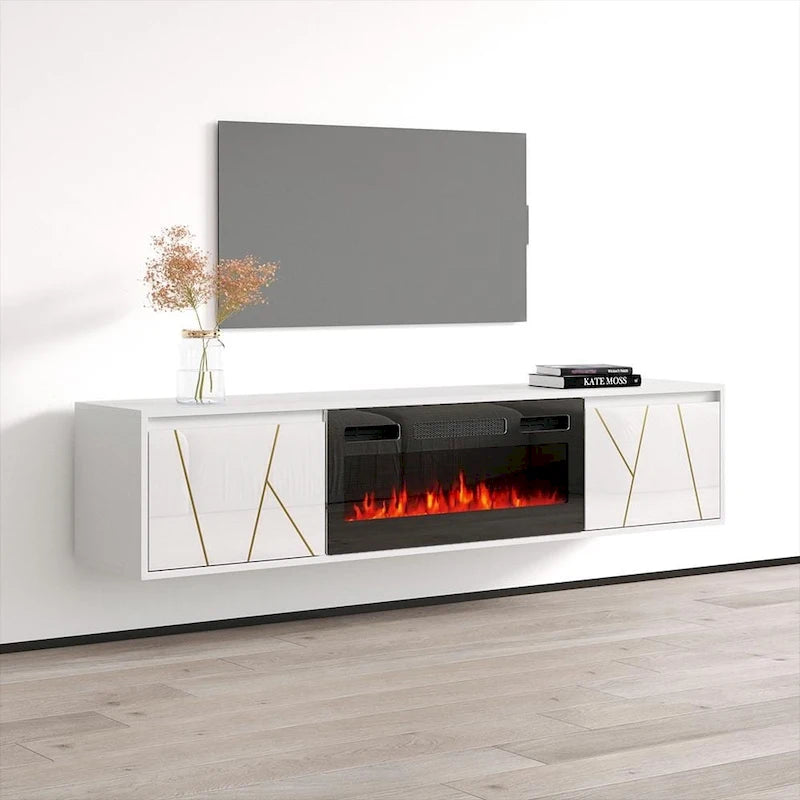 Mobile TV con caminetto elettrico in Bianco/Nero, per TV fino a 80", per 1
