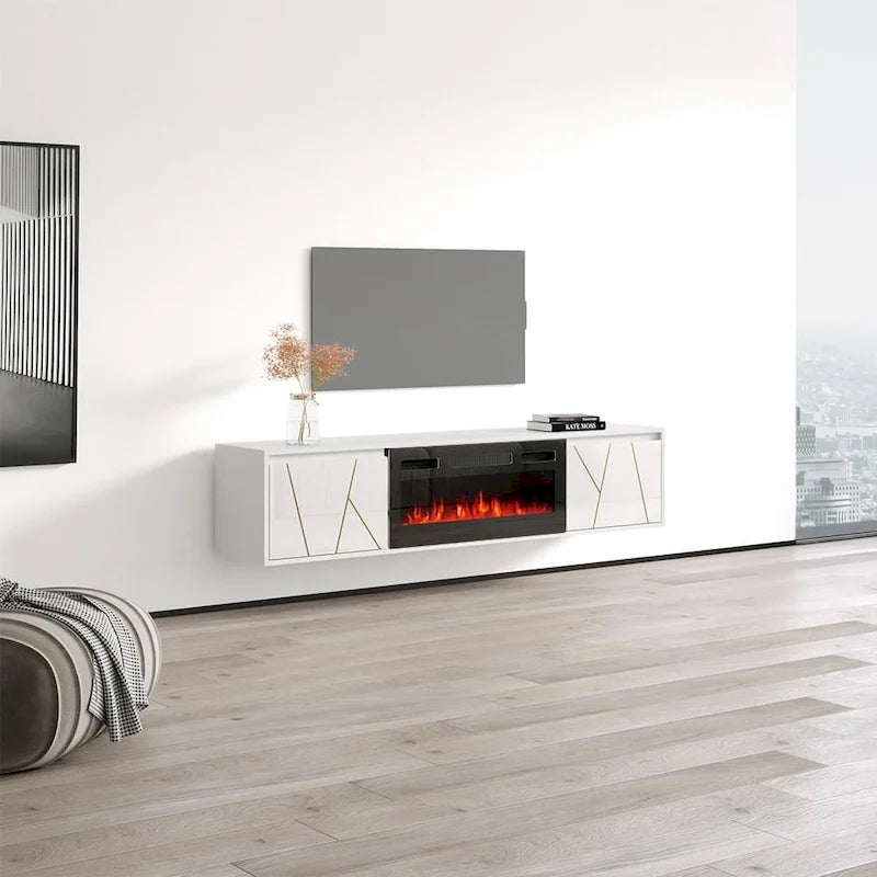 Mobile TV con caminetto elettrico in Bianco/Nero, per TV fino a 80", per 1