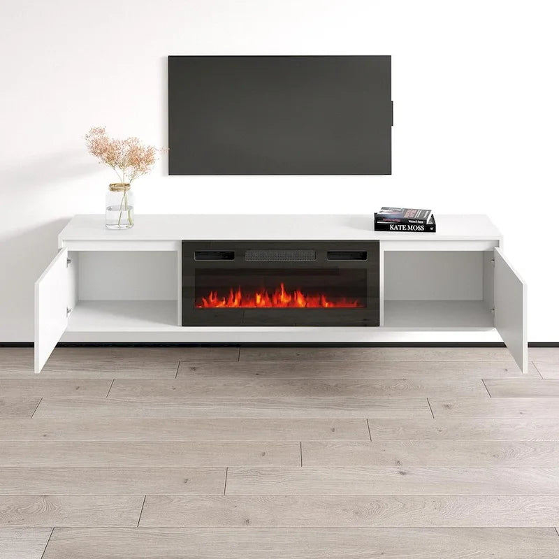 Mobile TV con caminetto elettrico in Bianco/Nero, per TV fino a 80", per 1