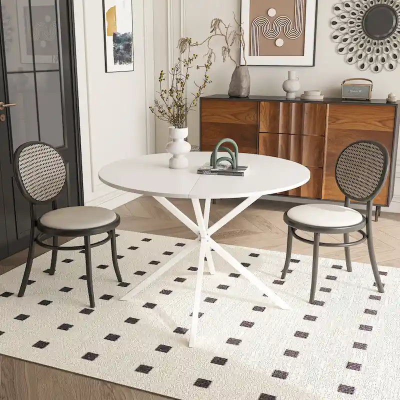Tavolo da pranzo rotondo bianco / nero / marmo bianco, gambe incrociate, 2 persone, piano rimovibile