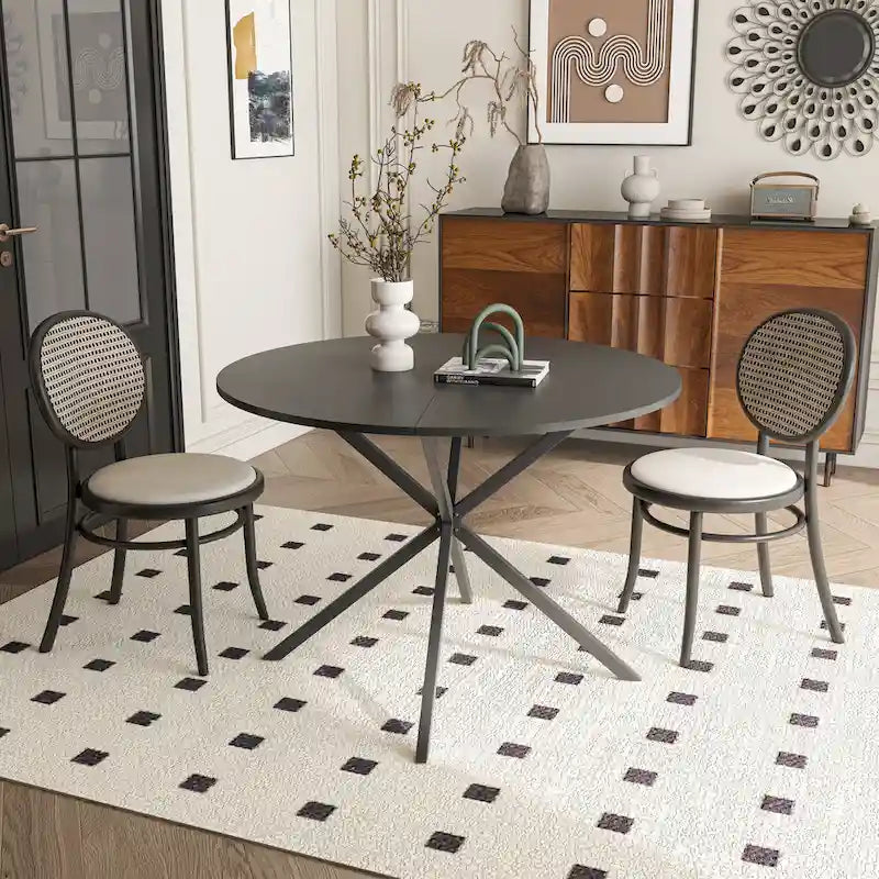 Tavolo da pranzo rotondo bianco / nero / marmo bianco, gambe incrociate, 2 persone, piano rimovibile