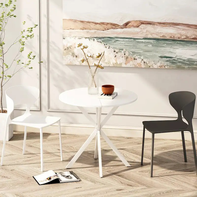 Tavolo da pranzo rotondo bianco / nero / marmo bianco, gambe incrociate, 2 persone, piano rimovibile