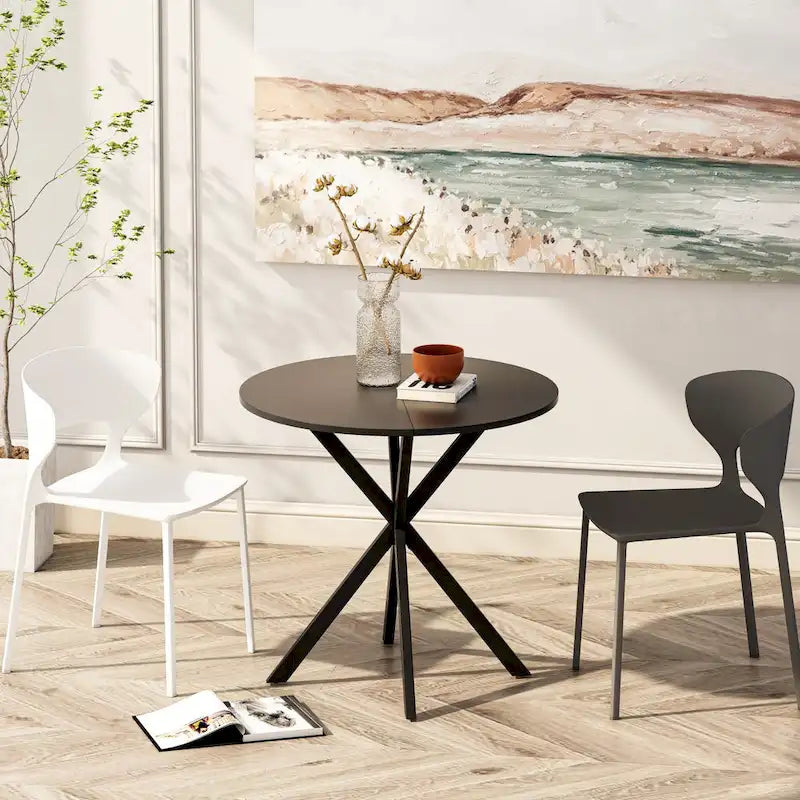 Tavolo da pranzo rotondo bianco / nero / marmo bianco, gambe incrociate, 2 persone, piano rimovibile