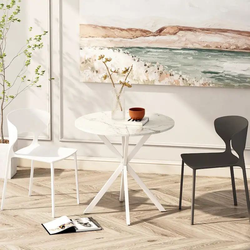 Tavolo da pranzo rotondo bianco / nero / marmo bianco, gambe incrociate, 2 persone, piano rimovibile