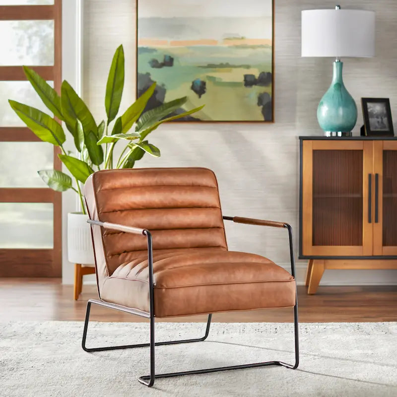 Poltrona d'accento in similpelle Mid-Century marrone scuro / grigio / cammello, seduta singola
