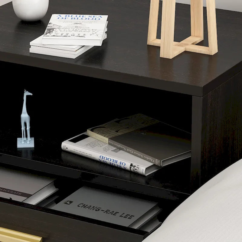 Comodino moderno bianco/nero con 1 cassetto e ripiano aperto, per 1 persona