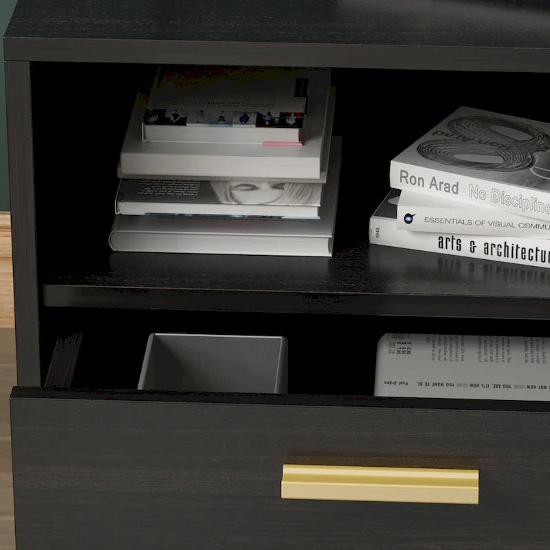 Comodino moderno bianco/nero con 1 cassetto e ripiano aperto, per 1 persona