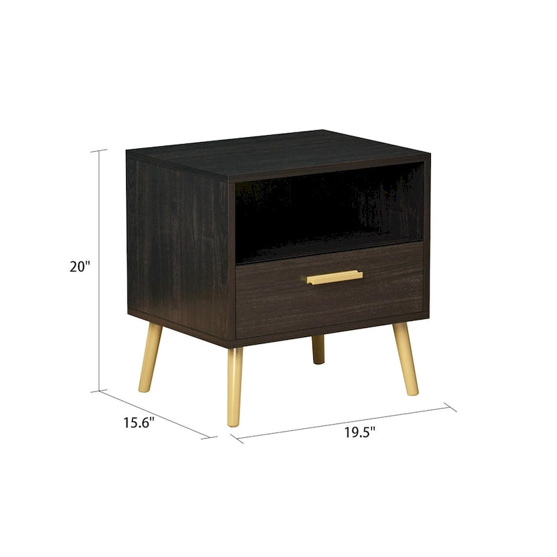 Comodino moderno bianco/nero con 1 cassetto e ripiano aperto, per 1 persona