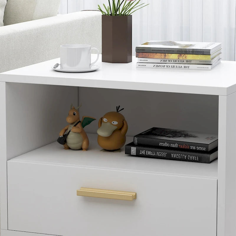 Comodino moderno bianco/nero con 1 cassetto e ripiano aperto, per 1 persona