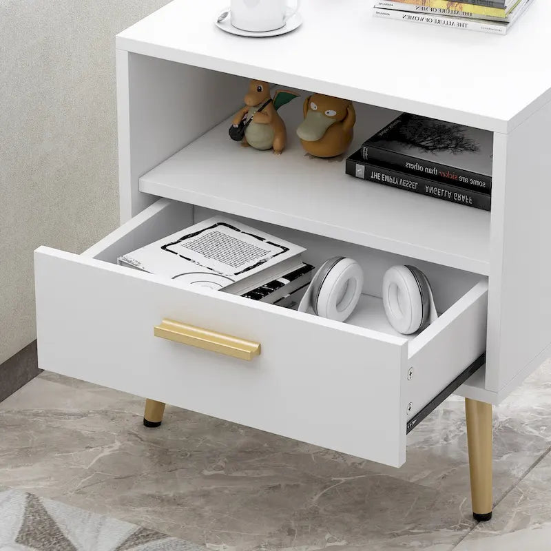 Comodino moderno bianco/nero con 1 cassetto e ripiano aperto, per 1 persona
