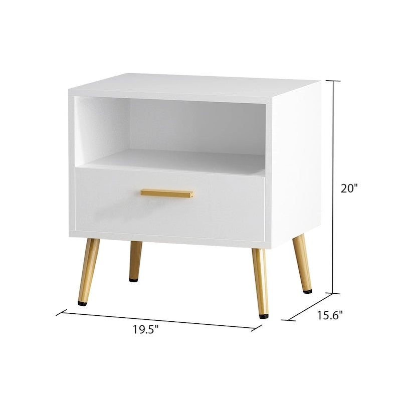 Comodino moderno bianco/nero con 1 cassetto e ripiano aperto, per 1 persona