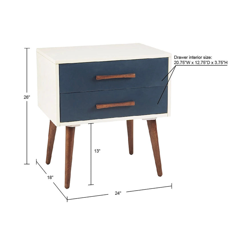 Comodino a 2 Cassetti Mid-Century Off-White/Navy e Grigio (1 Persona)