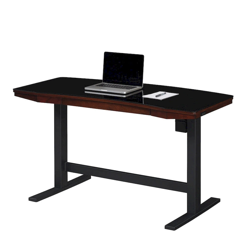 In hoogte verstelbaar bureau met glazen blad, kersenhouten afwerking