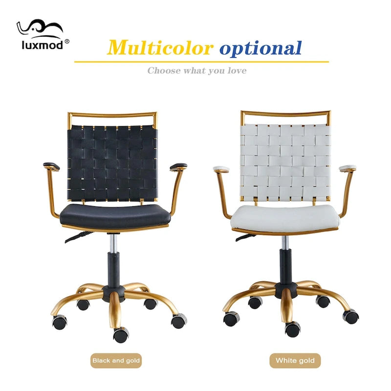 Sedia da ufficio girevole a mezza altezza in pelle vegana bianca/nera, struttura color oro, 1 persona