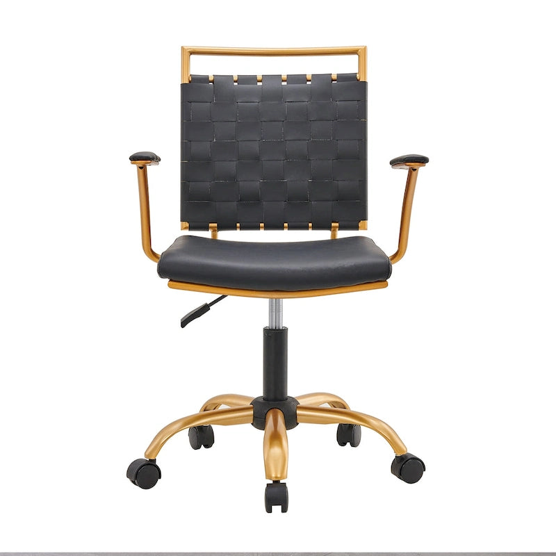 Sedia da ufficio girevole a mezza altezza in pelle vegana bianca/nera, struttura color oro, 1 persona
