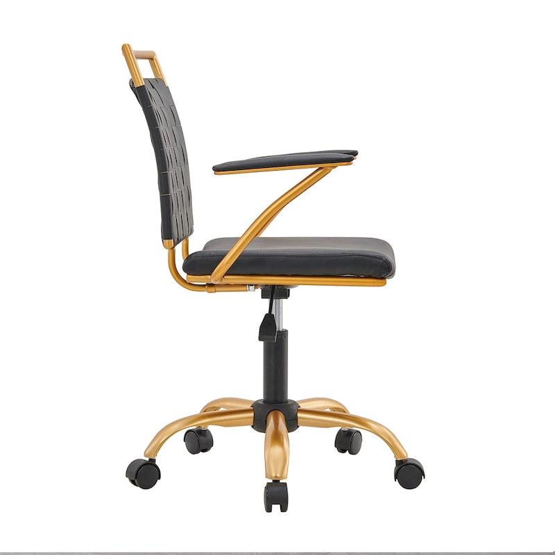 Sedia da ufficio girevole a mezza altezza in pelle vegana bianca/nera, struttura color oro, 1 persona