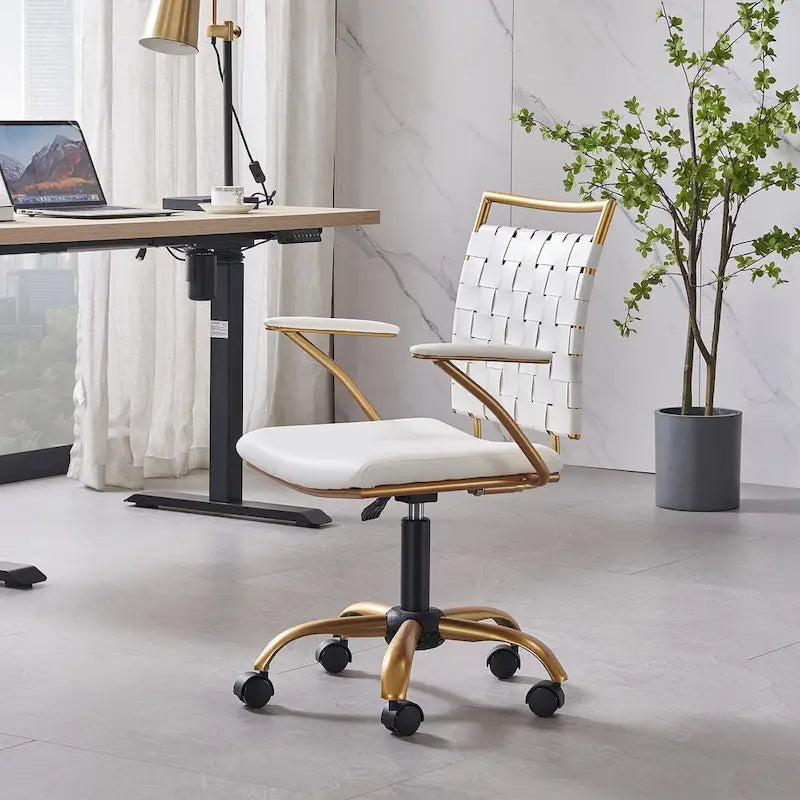 Sedia da ufficio girevole a mezza altezza in pelle vegana bianca/nera, struttura color oro, 1 persona
